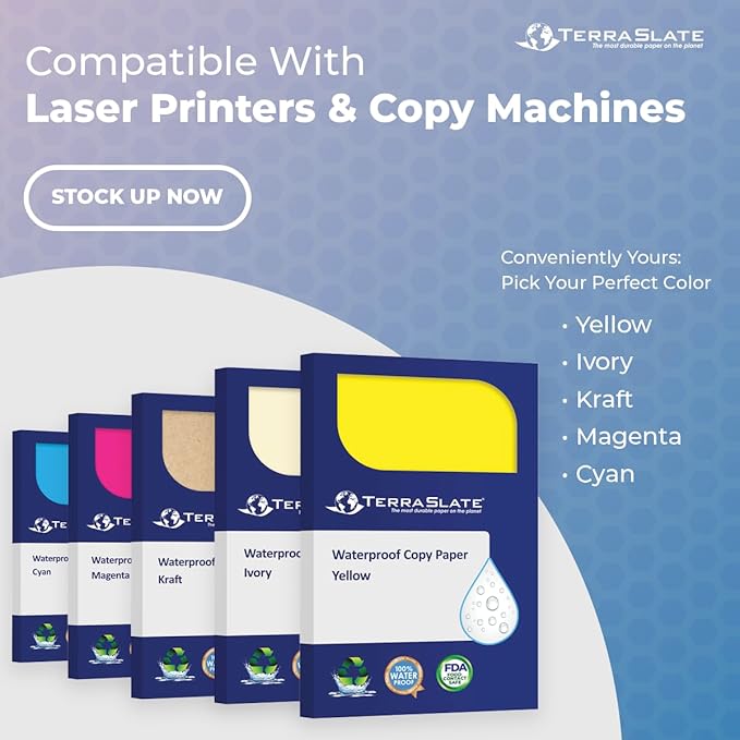 TerraSlate Waterproof Paper, Rip-Proof Colored Paper, Ivory, 50 Sheets, 5 Mil (24lb Bond), 8.5” x 14”, Laser Printer and Copy Machine Compatible