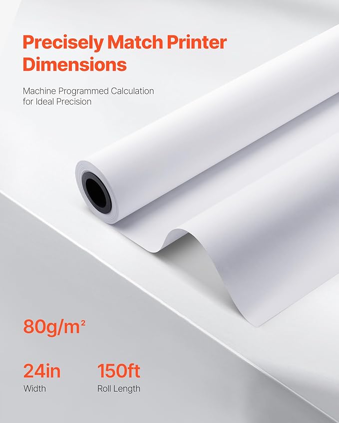 VEVOR Wide Format Paper, 24 in x 150 ft Plotter Roll, 20 Rolls CAD Bond Rolls with 2 in Core, 20 LB Bond Paper Rolls, Ideal for CAD Drawings, Engineering Plans, GIS Maps, and Architectural Designs