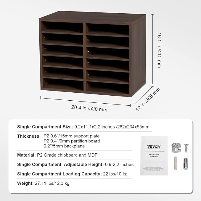 VEVOR Literature Organizers, 12 Compartments Office Mailbox with Adjustable Shelves, Wood Literature Sorter 20.4x12x16.1 inches for Office, Home, Classroom, Mailrooms Organization, EPA Certified Brown