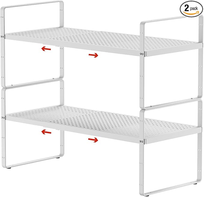 jkxoo 2Pack Expandable Cabinet Shelf Organizers, Stackable Metal Shelves Extender for Kitchen Countertop Storage, Adjustable Spices Shelves Rack Stand for Cupboard Pantry, White