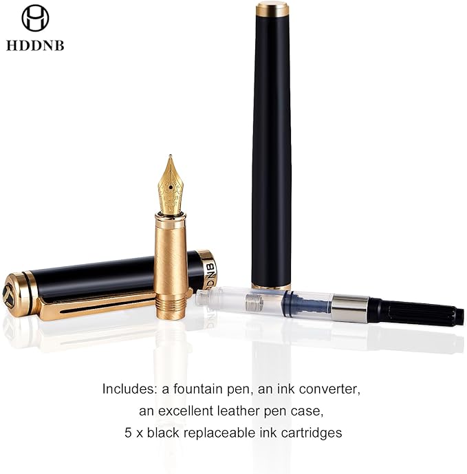 HDDNB Black Luxury Fountain Pen Set for Men and Women with Gift Box, 24K Gold Finish and Gilded Nib(Fine) with 5 Black Ink Cartridges and Converter