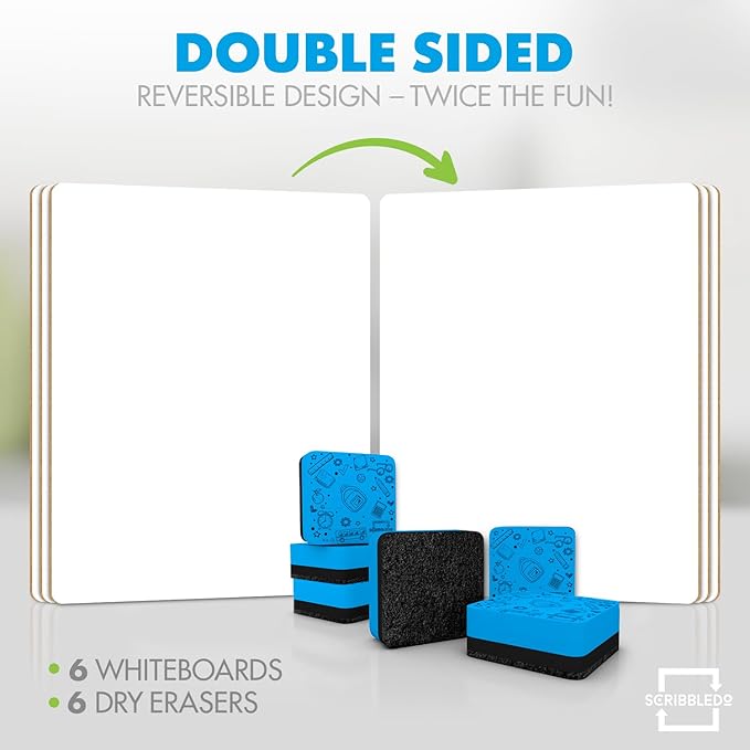 Scribbledo 6 Pack Small White Board Dry Erase Boards Classroom Pack Mini White Boards 9" x12” Personal Whiteboards for Students Teachers School Supplies Lapboards l 6 Mini Whiteboard Erasers Included