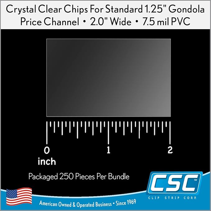 Price/Data Channel Label Holder Chips, 250 Pack, Clear Plastic Tags, 2" L x 1.25" H, 7.5 Mil Thick, Gondola Shelf Edge, Shelf Edge, Clip Strip Corp.