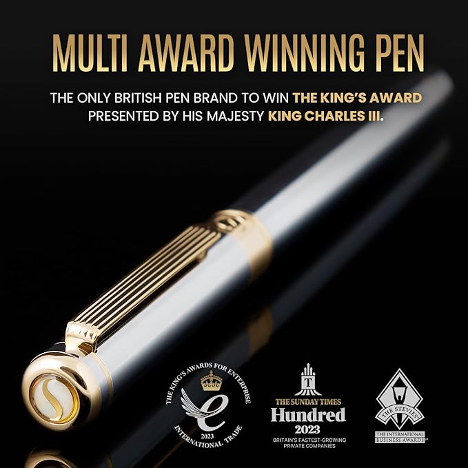 Scriveiner Silver Chrome Fountain Pen - Stunning Luxury Pen, Real Gold Finish, Schmidt Gilded Nib (Broad), Best Gift Set for Men & Women, Professional, Executive Office, Nice Designer Pens