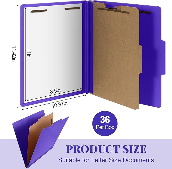 Skyygemm 36 Pcs Classification Folders Letter Size, 1 Divider Pressboard File Folder with Fasteners, Expanding File Organizer Bulk for School Teachers, Office Employee, Coworker, Staff (Purple)