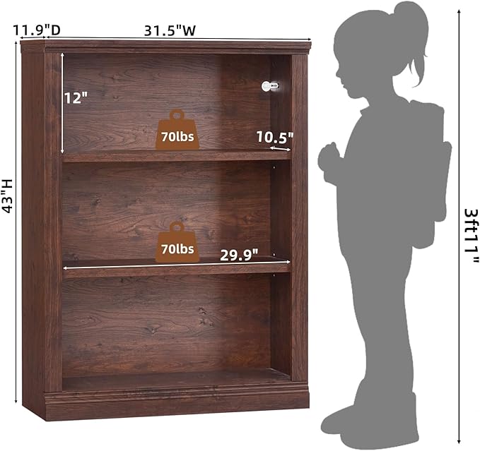 RWYHG 43" Walnut Tall Bookshelf,3-Tier Thick Wooden Book Shelf with Adjustable Shelves,Free Standing Farmhouse Bookcase with Open Display Storage,Floor Vintage Bookshelves for Living Room,Office