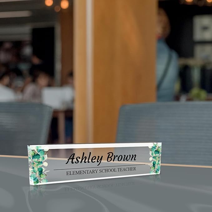 Signs ByLITA Floral Pattern Customized Nameplate | Eucalyptus Personalized Full Color Acrylic Desk Sign
