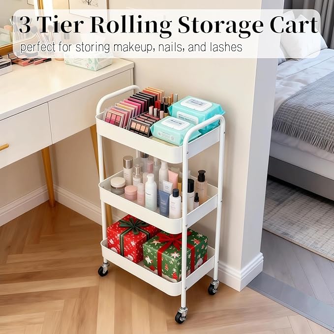 LIWNYRK Metal 3 Tier Rolling Cart with Wheels for Kitchen Storage & Laundry Room Organization, Bedside Cart with Handle and 4 Hooks, Versatile Large Capacity Art & Craft Storage Organizer, White