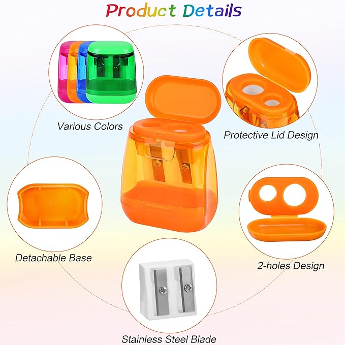 Aodaer 96 Pieces Manual Pencil Sharpeners Dual Hole Compact Sharpener with Lid for Kids Pencil Sharpener in School, Office, Home Mixed 4 Colors
