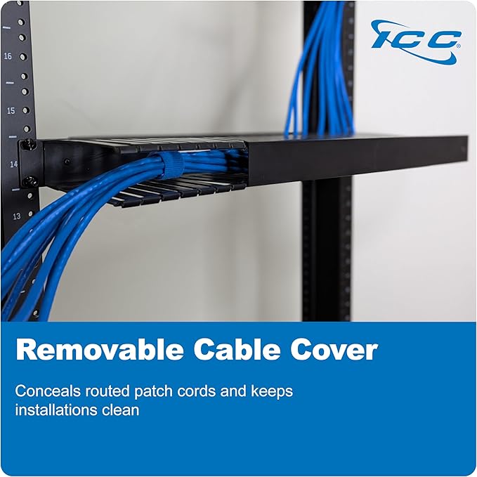 ICC 1U Finger Duct Cable Manager Panel with Cover, Plastic with Metal Back Frame, 3" Depth, Horizontal Cable Management, Rackmount for 19” Network Racks, Black, Single Pack