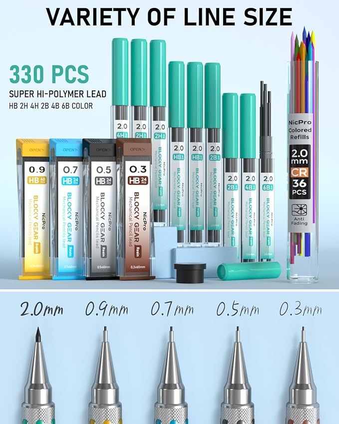Nicpro Blocky Gear Metal Mechanical Pencil Set in Leather Case, 29PCS Art Drafting Pencils 0.3, 0.5, 0.7, 0.9&2mm Lead Pencil with 330PCS Lead (HB 2H 4H 2B 4B 6B Color) For Writing Sketching Drawing