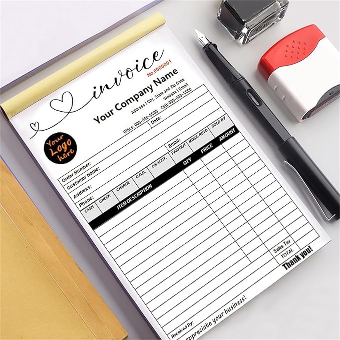 Custom Invoice Book in 3-Part /2-Part Receipt Book with Carbon Copies Personalized Carbonless Service Invoice Form Books Sales Order Book with Company Name Logo Address,F-Invoice Book