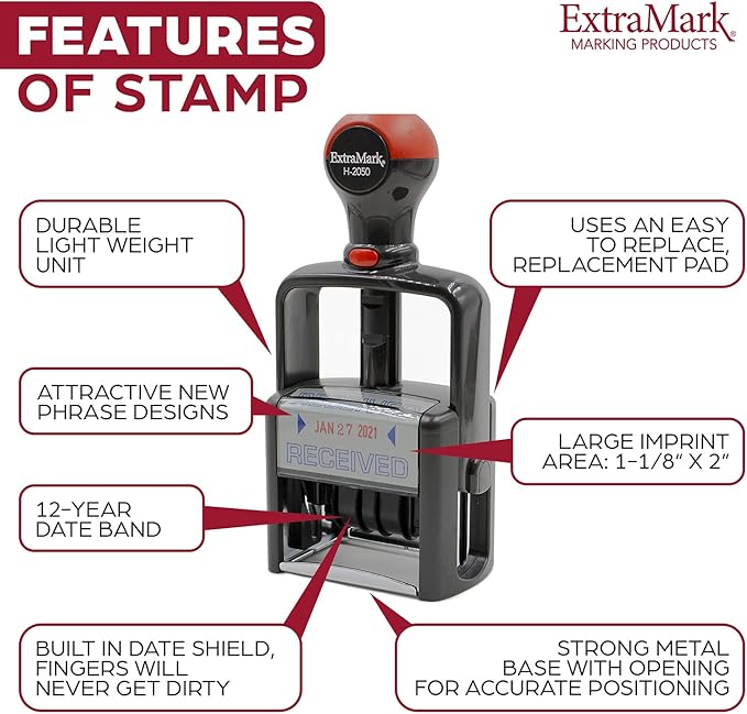 Heavy Duty Style Office Date Stamp with Received - Self Inking Dater - Style C - Blue Ink Color