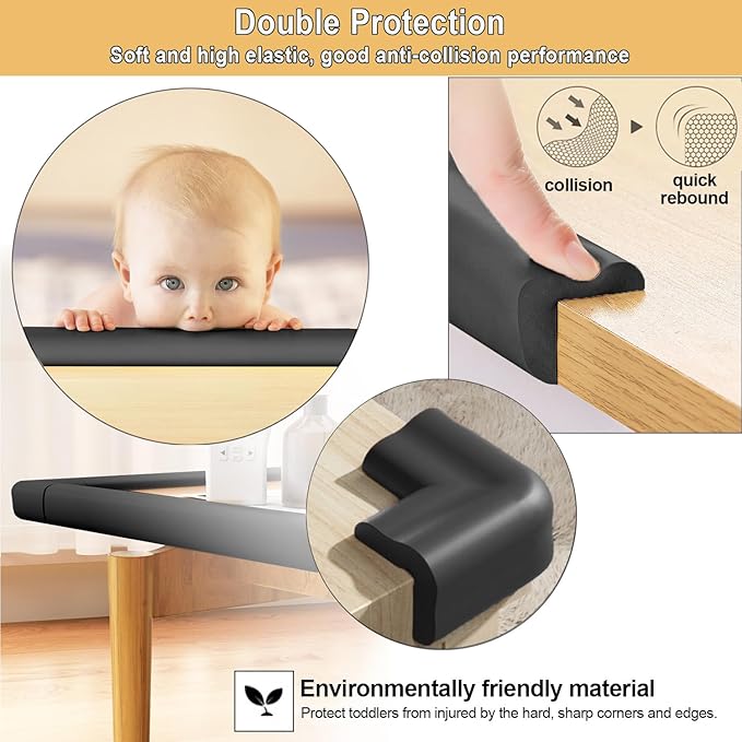 Baby Proof Corners and Edges Protector 10ft Edge+4 Corner Guard, Fireplace Baby Proofing Bumper, Heavy-Duty Soft NBR Foam Edge Corner Protector for Furniture Table, Childsafe/Pre-Taped Black