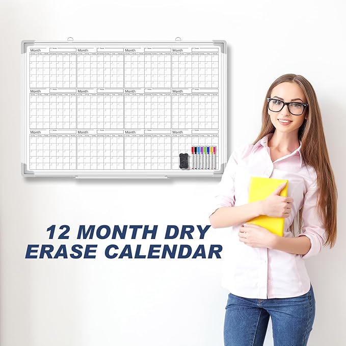 Lincia 36" x 24" Magnetic Horizontal Yearly 12 Month Dry Erase Calendar for Wall 2026 Undated Dry Erase Wall Calendar Planner Aluminum Frame Whiteboard for Home Office Projects Fridge