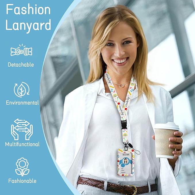 Rainbow Teacher Badge Holder with Retractable Lanyard, Lanyards for ID Badges Name Tags Vertical Card Holder, Breakaway Lanyard Badge Reel Retractable, Teacher Nurse Workers Women Office Gifts