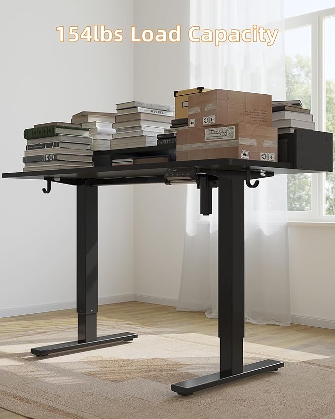 YIHAYO Electric Standing Desk with Drawers, 48 x 24 Inches Adjustable Desk with Storage Shelf, Stand Up Desk with Splice Board, Computer Table for Home Office, Black Frame/Black Top