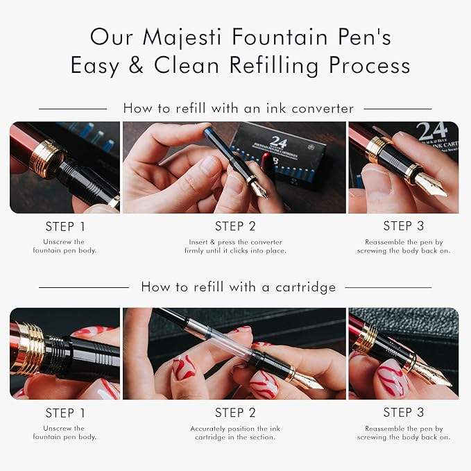 Wordsworth & Black Majesti Fountain Pen-(Green), Luxury Case, 24K Gold Finish; 18K Gilded Medium Nib- Ink Cartridges, Refillable Ink Converter-Calligraphy Pen-Best Business Gift Set for Men & Women