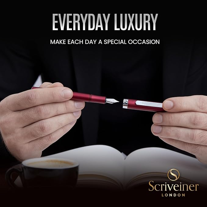 Scriveiner Luxury EDC Fountain Pen (Medium), Matt Red Pocket EDC with Chrome Finish, Schmidt German Nib, Converter, Best Writing Gift Set for Men & Women, Fancy Pen for the Office & Journaling
