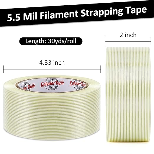 Ealyder Tape 3 Pack Transparent Reinforced Fiberglass Tape – 2 Inch x 30 Yards, 5.5 Mil Filament Strapping Tape, Adhesive Heavy Duty
