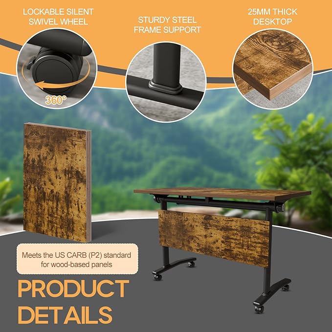 Folding Conference Table 4ft 5ft, Foldable Office Meeting Desk for 6 People, Multiple Sizes Colors Mobile Conference Room Table for Training Room School Business Furniture (2, Brown, 63in)