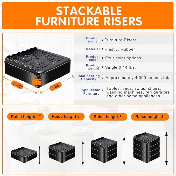 Furniture Risers Heavy Duty Adjustable Bed Risers Blocks Lift 4, 3, 2 inches for Couch, Sofa, Table, Desk, Chair Legs, Refrigerator, Washing Machine Support up to 4000 pounds (Black 4 Pack, 3 inch)