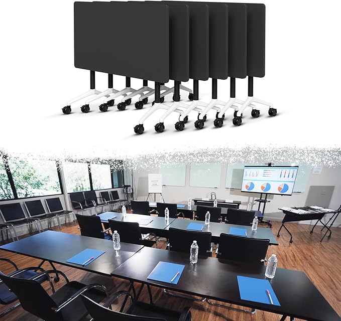 Goakwwuz Conference Room Table, Folding Conference Tables,Thicken Grey Tabletop,Flip Top Wooden Seminar Meeting Room Table for Conference Room Offices (6, Black, 70.8”)