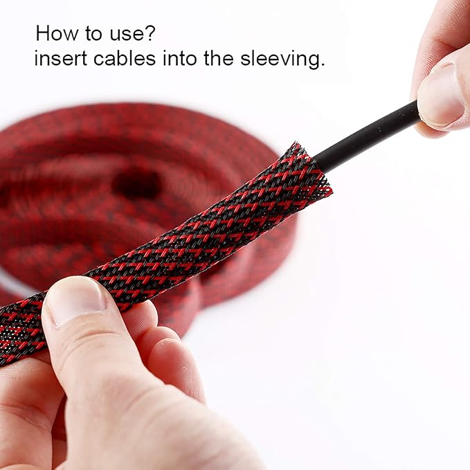 25ft - 1.25 inch PET Expandable Braided Sleeving – BlackRed – Alex Tech Braided Cable Sleeve