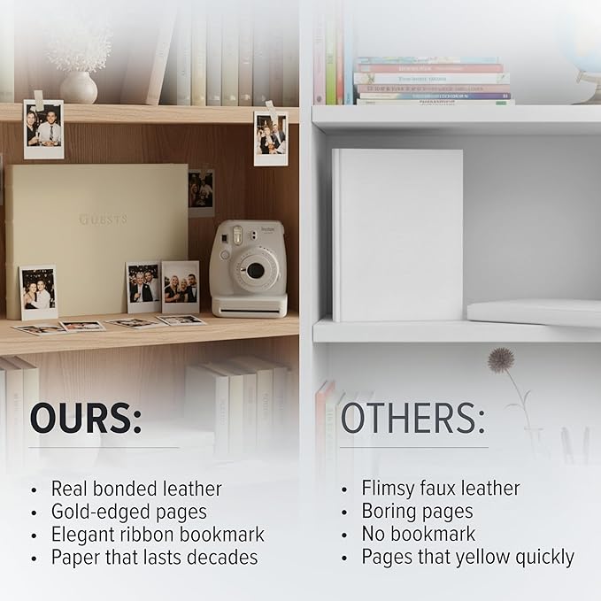 Gallery Leather Guest Book - Great for Wedding, Reception, Baby and Bridal Shower, Birthday Party and Vacation Home - 192 Lined Pages to Sign in, add Polaroid Photo - Hardcover 9x7" - Freeport Ivory