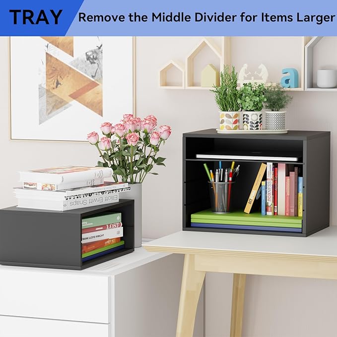 GDINDINFAN Wood Desktop Letter Tray File Organizer, Paper Storage Mail Sorter with Adjustable Drawer Boards for Home and Office, Black