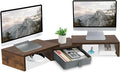 TEAMIX 3 Shelf Monitor Stand Riser With Drawer - Length and Angle Adjustable Dual Riser With Storage Corner Desk Shelf Organizer Large Computer Stand for 2 Monitors/Laptop (Brown, 1 Drawer)