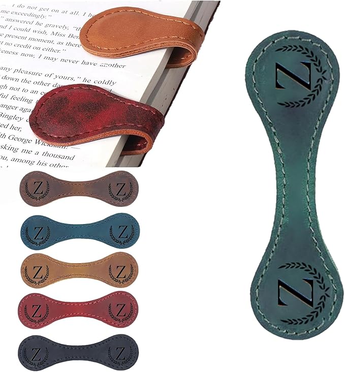 Artlaza Personalized Magnetic Leather Bookmark, 26 Letters Custom Leather Bookmarks, Handmade, Leather Magnetic Bookmark for Book Lovers Readers Women Kid(Green，Z）