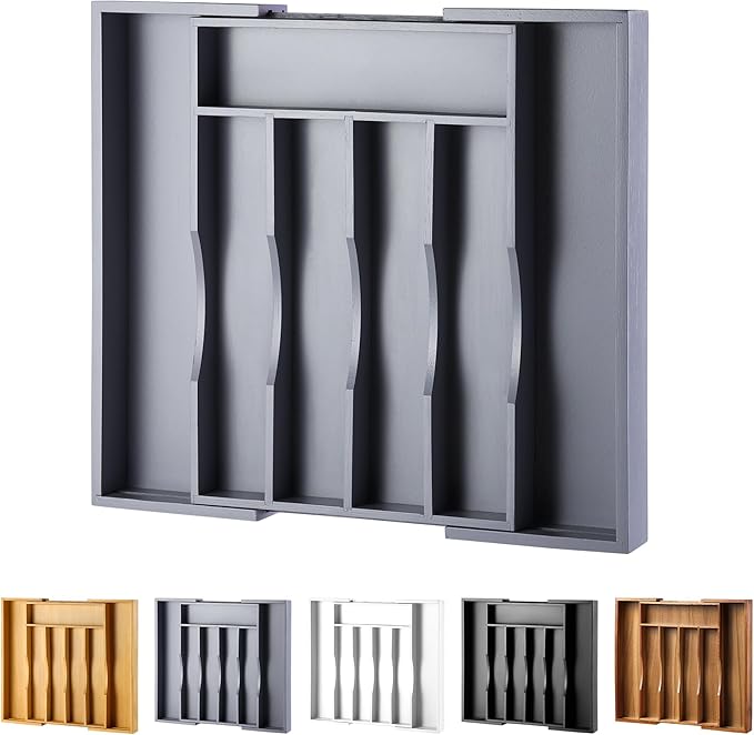 oridom Expandable Bamboo Kitchen Drawer Organizer for Cutlery and Utensils, Adjustable Bamboo Wood Cutlery Tray in Drawer for Flatware and Silverware in Kitchen, (Grey)