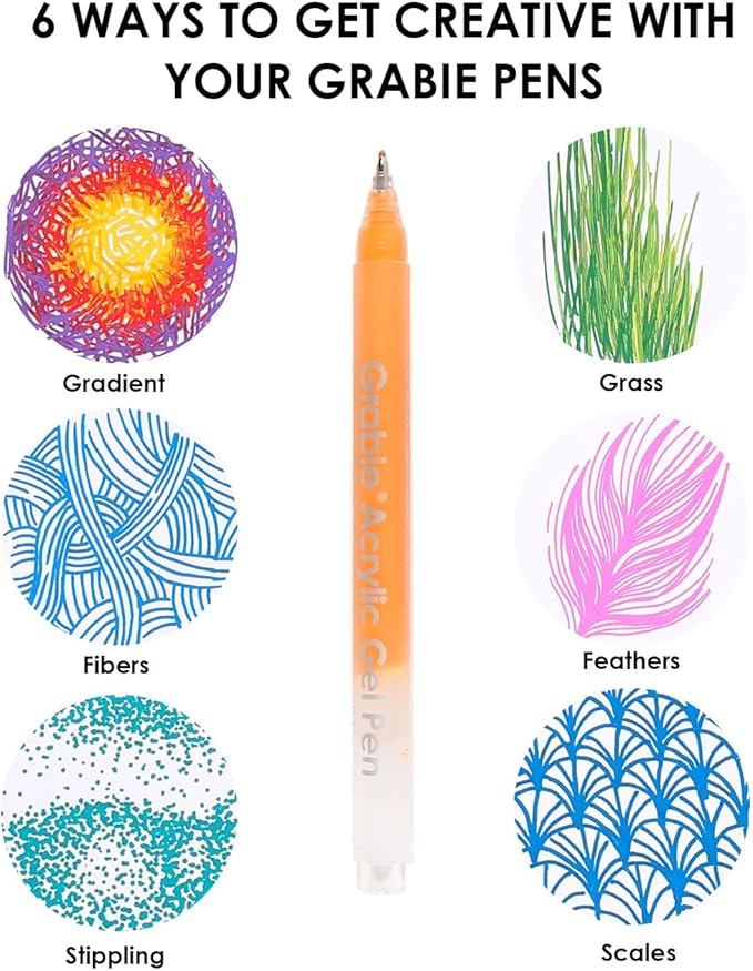Grabie 12Colors Acrylic Gel Pens&Coloring Book, Medium Point Colored Gel Pens, Acrylic Gel Ink Pen Assorted Colored for Drawing, Note Taking, Bold&Bright Coloring Kit, Set of 12 (Sugar Rush Colors)