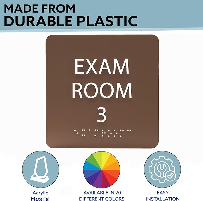 6" X6" Exam Room 3 Sign - ADA Compliant Tactile Graphics Grade 2 Braille Text Acrylic Wall Signs - Educational Institution Directional Assistance Test Center Door Sign for Schools