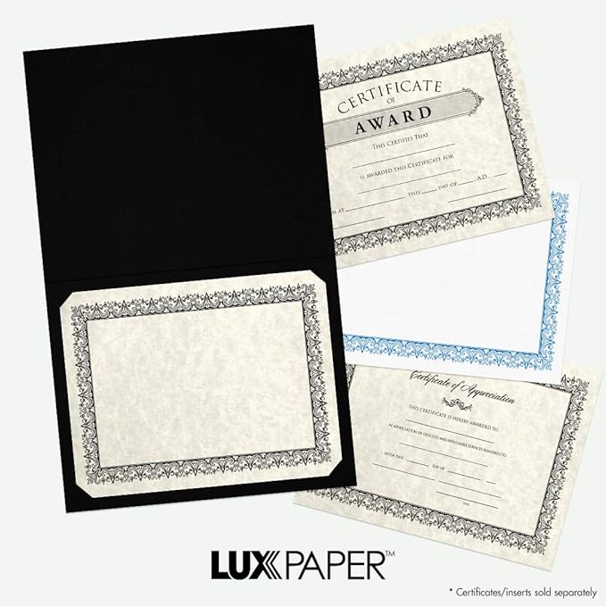 LUXPaper 9.5" x 12" Certificate Holders | Black Linen | Embossed Silver Foil Floral Border | 100lb. Cover | 250 Qty