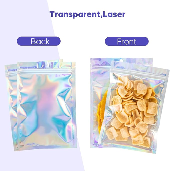 100Pcs Holographic Packaging Bags, 4.7x7 inch Resealable Foil Pouch Mylar Sample Bag Great for Small Business and Party