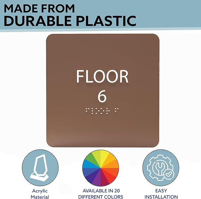 Clean Grey ADA Floor 6 Sign with Braille – Made from Durable Acrylic and Ready to Mount