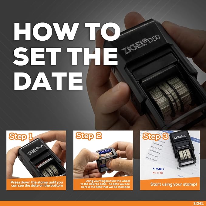 ZIGEL D50 Date Stamp with E-MAILED - Self Inking Date Stamp - Blue/Red
