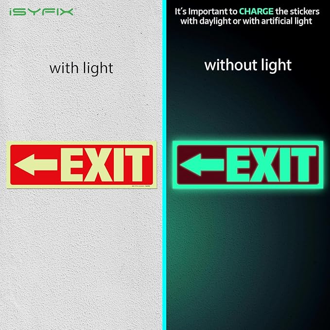 iSYFIX Exit Stickers Signs with Directional Left Arrow 6 Pack 12x4 Inch - Glow in the Dark Photoluminescent Vinyl for Office, School, Business, Warehouse - UV & Weather Resistant for Indoor/Outdoor Use