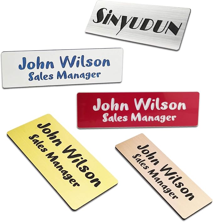 SINYUDUN Custom Engraved Name Tag Badges, Personalized Identification with Pin, Magnetic, Adhesive, or Blank Backing, 1.5"x3", Silver Text