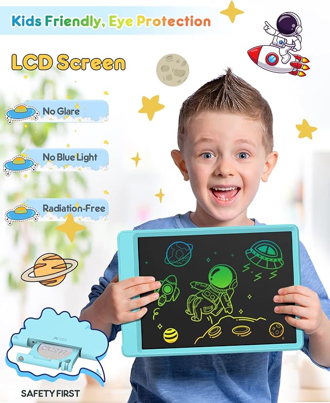 FLUESTON LCD Writing Tablet, Doodle Board Toys Gifts for 3-8 Year Old Girls Boys, 10 Inch Colorful Electronic Board Drawing Pad for Kids, Christmas Gifts for Toddler Educational Learning Travel, Blue