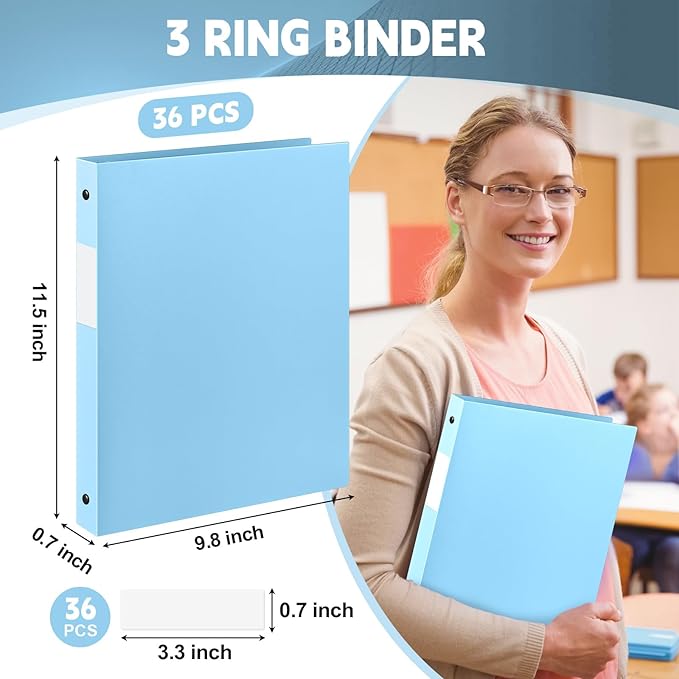 Henoyso 36 Pcs 3 Ring Binder 0.5 Inch Round Fits Letter Size 8.5'' x 11'' Paper Plastic Flexible Binder Bulk Holds 140 Sheets with 1 Pockets Versatile Organizer for Home Office School (Light Blue)