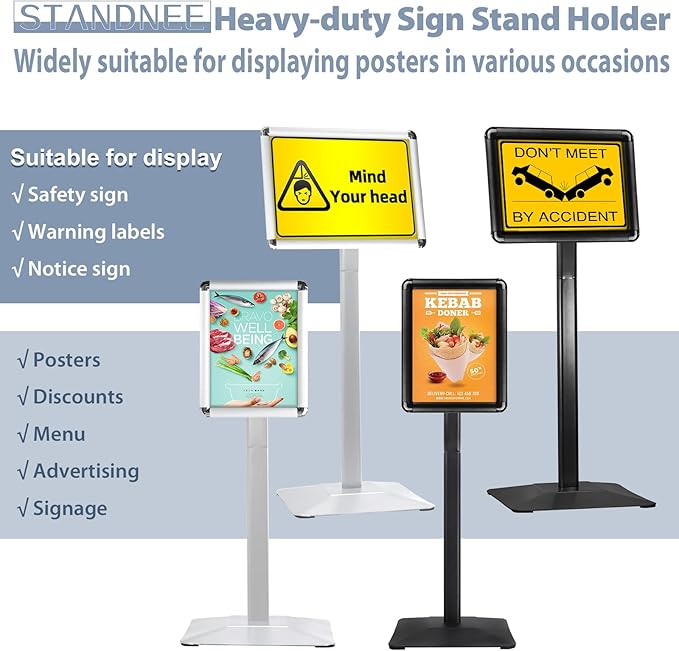 STANDNEE Heavy-duty Poster Stand Holder 11"x 17" Pedestal Floor Standing Sign Holder Vertical and Horizontal View Sign Display, Aluminum Snap Open Frame with Safety Corner, Silver