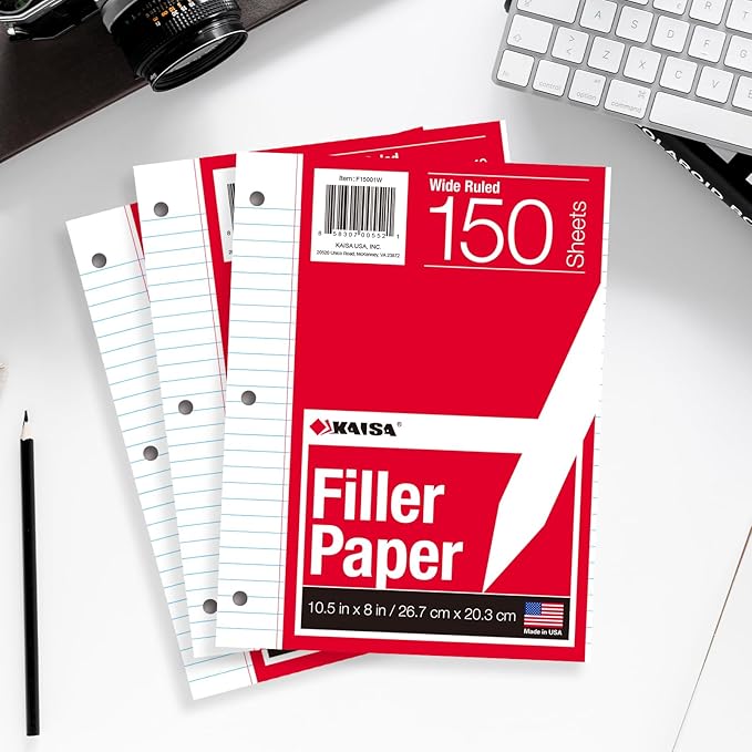 Kaisa loose Leaf Paper Filler Paper 150 Sheets 8"x10.5",Wide Ruled, 3-Hole Punched for 3-Ring Binders, Carton of 12pack