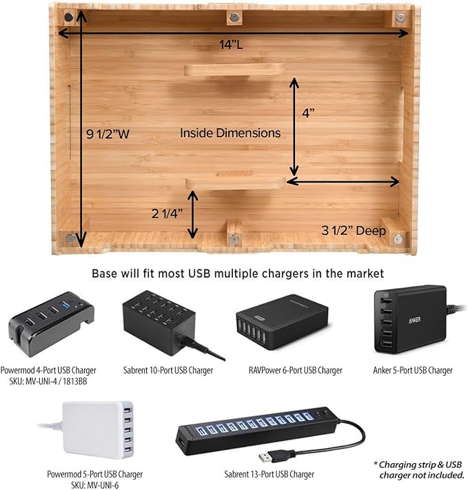 MobileVision Bamboo 12-Port Charging Station & Docking Organizer for Smartphones & Tablets, Family-Sized, for use in Corporate Offices & Classrooms (With 2 Bamboo Caddy Add Ons Included)