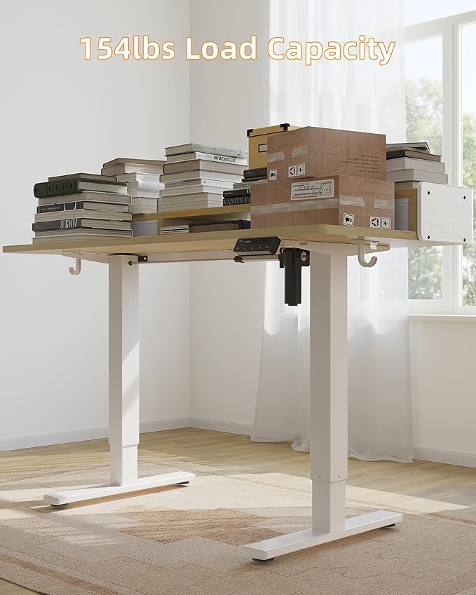 YIHAYO Electric Standing Desk with Drawers, 55 x 24 Inches Adjustable Desk with Storage Shelf, Stand Up Desk with Splice Board, Computer Table for Home Office, White Frame/Natural Top