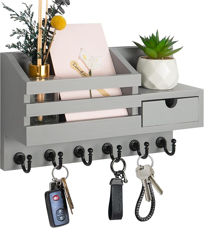 FifthQuarter Key and Mail Holder for Wall, Mail Organizer Wall Mount with 6 Hooks and Storage Drawer, Easy Installation Key Rack for Entryway and Home Decor (A-Grey)