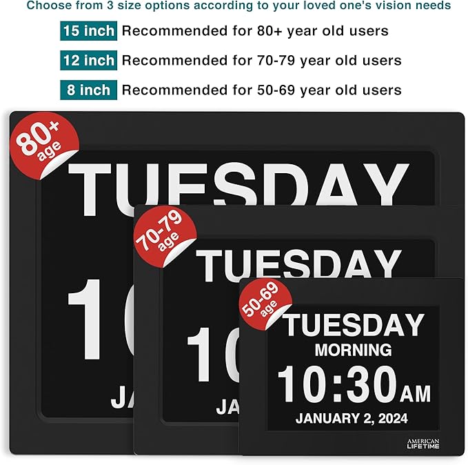 American Lifetime New 2026 Dementia Clock Large for Seniors, Digital Clock Large Display with Custom Alarms, Clock with Day & Date for Elderly, Number Digital Clock 12 Inches Black