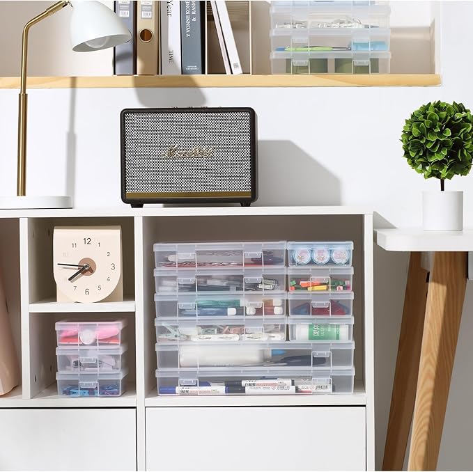 novelinks Stackable Plastic Clear Storage Box Containers with Latching Lid - Art Craft Supply Organizer Storage Containers for Pencil Box, Crayon, Beads (3 Small + 3 Medium + 3 Large -Clear)